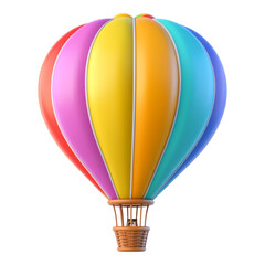 A vibrant and whimsical 3D cartoon-style hot air balloon adorned with colorful stripes floats gently against a transparent background, evoking a sense of adventure and joy.