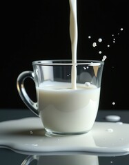 Сreamy milk pouring into a transparent crystal glass. silky, smooth waves and droplets suspended in mid-air. High-end beverage branding, dairy product advertising, luxury food photography