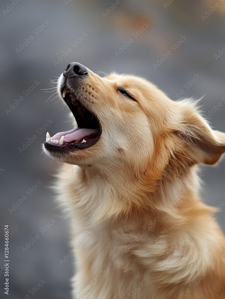 Poster golden retriever with mouth open in a joyful yawn showcasing beautiful fur and expression outdoors :