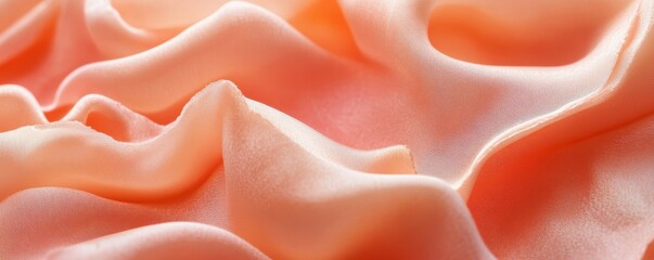 Fototapeta premium Close-up of soft peach silk fabric with elegant waves and folds