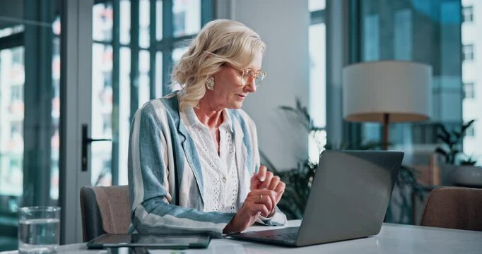 Thinking, smile and mature woman with laptop, bookkeeper and planning for payroll in office and digital. Business, budget and glasses for reading of financial report, person or contemplating for tax