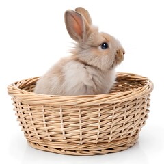 A small, fluffy rabbit sits comfortably in a woven basket against a white background.