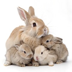 Obraz premium A mother rabbit cuddling with her three adorable baby bunnies.