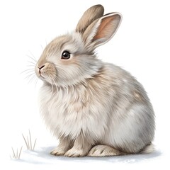 Obraz premium A detailed illustration of a fluffy rabbit sitting on the ground with tufts of grass.