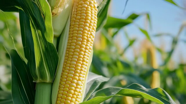 Fresh organic corn on the stalk in sunlight. Growing sweet maize cob with green leaves in agricultural field. Natural farm produce, harvest season concept for healthy food market with copy space