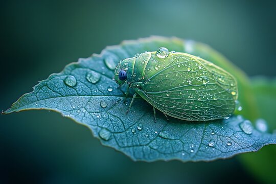 Green planthopper on dew-covered leaf, nature macro