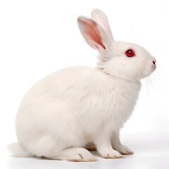 A white rabbit with red eyes sits against a clean white background.