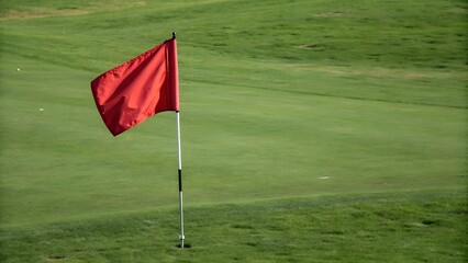 Obraz premium A red golf flag on a white pole standing on a green golf course.