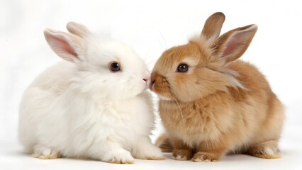 Obraz premium Two adorable rabbits, one white and one brown, sitting closely together against a white background.