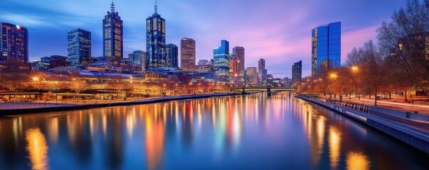 Obraz premium Twilight over melbourne city skyline and reflective yarra river in autumn