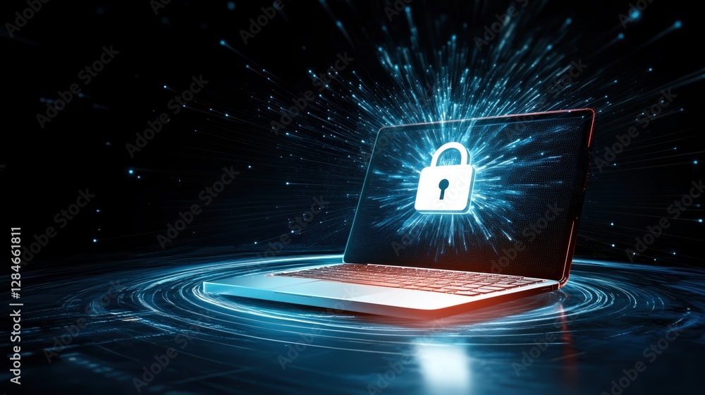 Poster protecting digital assets with modern security measures reflected on an open laptop