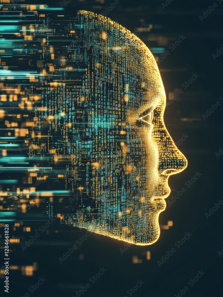 Poster Human face outline dissolving into binary code representing advanced AI concepts in a digital landscape. Generative AI