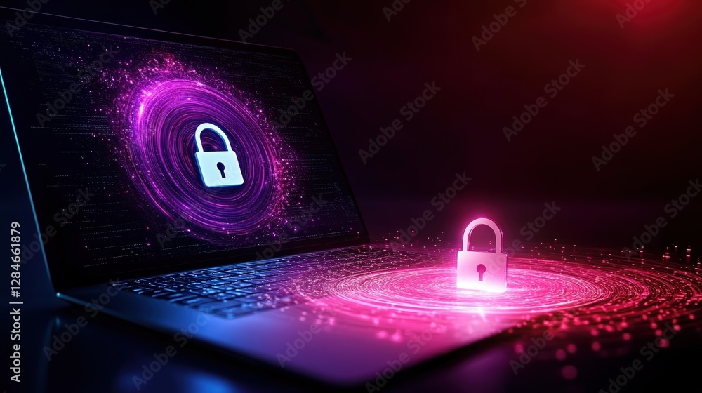 Poster modern graphic illustrating cybersecurity with a laptop and floating padlock symbolizing protection 