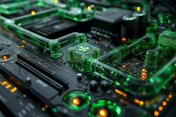 Fototapeta premium Futuristic gaming pc with green liquid cooling and shamrock celebrating st. Patrick's day