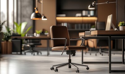 Modern office space with a stylish desk and seating area, showcasing a sleek and professional atmosphere