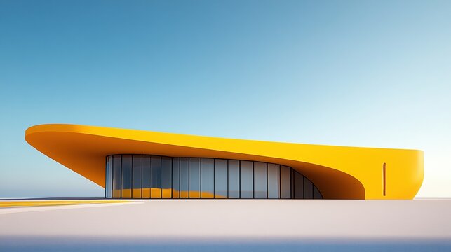 Curved yellow building with minimalist design in a serene outdoor setting rendered with modern techniques