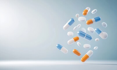 Colorful medicine pills and capsules fall gracefully against a clean white backdrop with ample copy space