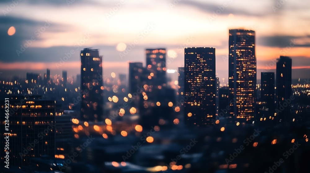 Poster stunning city skyline at dusk with bright lights and blurred bokeh effect creating a dreamy atmosphe