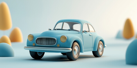 Light blue cartoon vintage car driving on pastel blue background