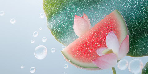 Slice of watermelon and lotus flower with water droplets floating in the air