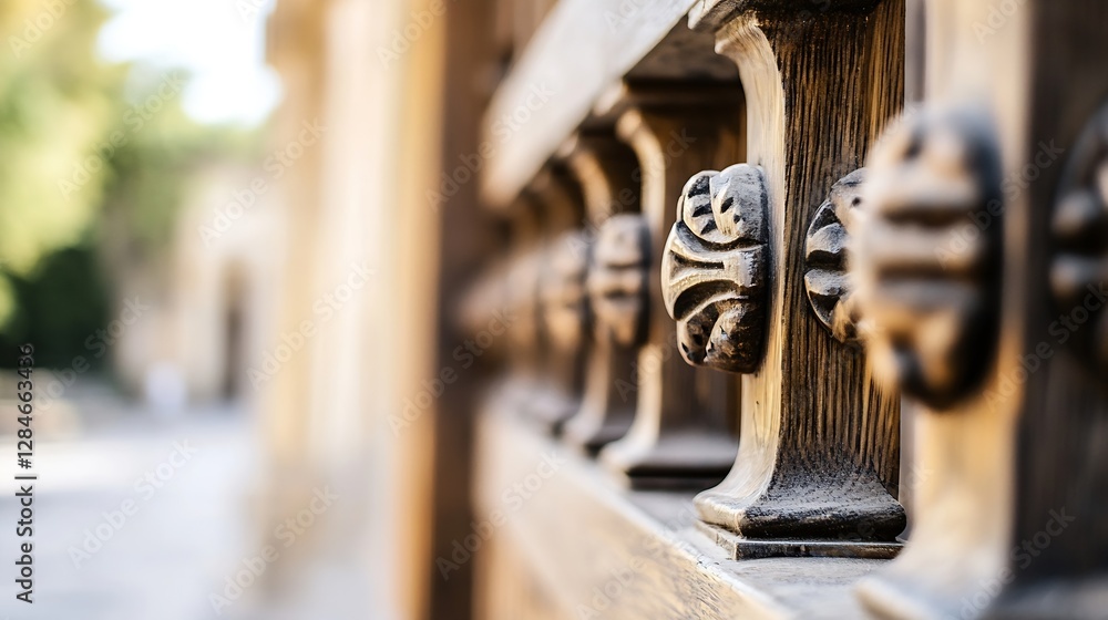 Aufkleber Intricate Wooden Gate Detail with Carved Elements and Architectural Surroundings : Generative AI