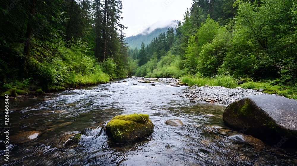 Poster scenic river flowing through lush green forest landscape under misty mountains in serene nature sett