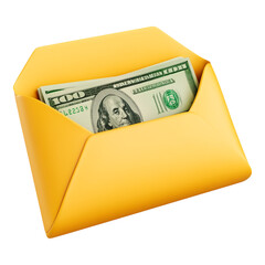 An isolated 3D cartoon-style illustration of a bright yellow envelope overflowing with cash, featuring a prominent dollar bill playfully peeking out, emphasizing the allure of money.