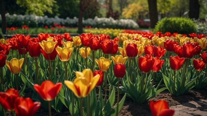 Vibrant tulips field in sunny garden