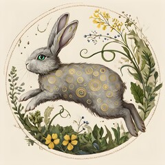 Charming Grey Rabbit With Golden Patterns Amid Lush Greenery