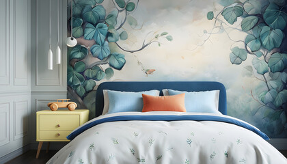 Contemporary Children's Bedroom With Leaf Mural And Unique Accents