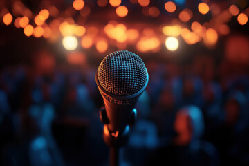 microphone with bokeh light background, stand up comedy show, karaoke or singing contest, background for poster design, open mic and jokes show,  
