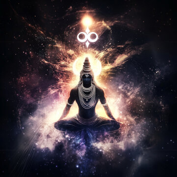 An abstract digital artwork of Lord Shiva emerging from cosmic mist, his form taking shape as particles of light and energy. 