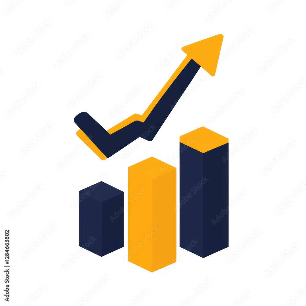 Poster isolated simple dark blue and yellow bar graph with upward arrow