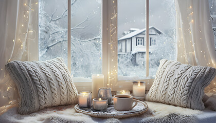 Cozy Winter Indoor Scene With Cushions And Candles