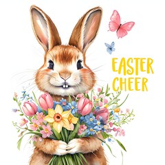 Joyful Tan Rabbit Holding Flowers With Easter Cheer Text