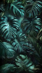 Lush Tropical Jungle Scene With Layered Monstera And Palm Leaves