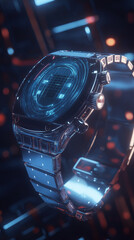 Sleek, high-tech smartwatch floating in mid-air, surrounded by holographic time projections and glowing futuristic UI elements, captured in ultra-detailed 8K with cinematic lighting Generative AI
