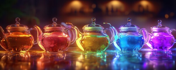 Glass teapots in vivid colors on reflective surface with blurred background