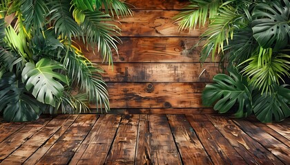 Tropical Setting with Rustic Wood and Lush Foliage
