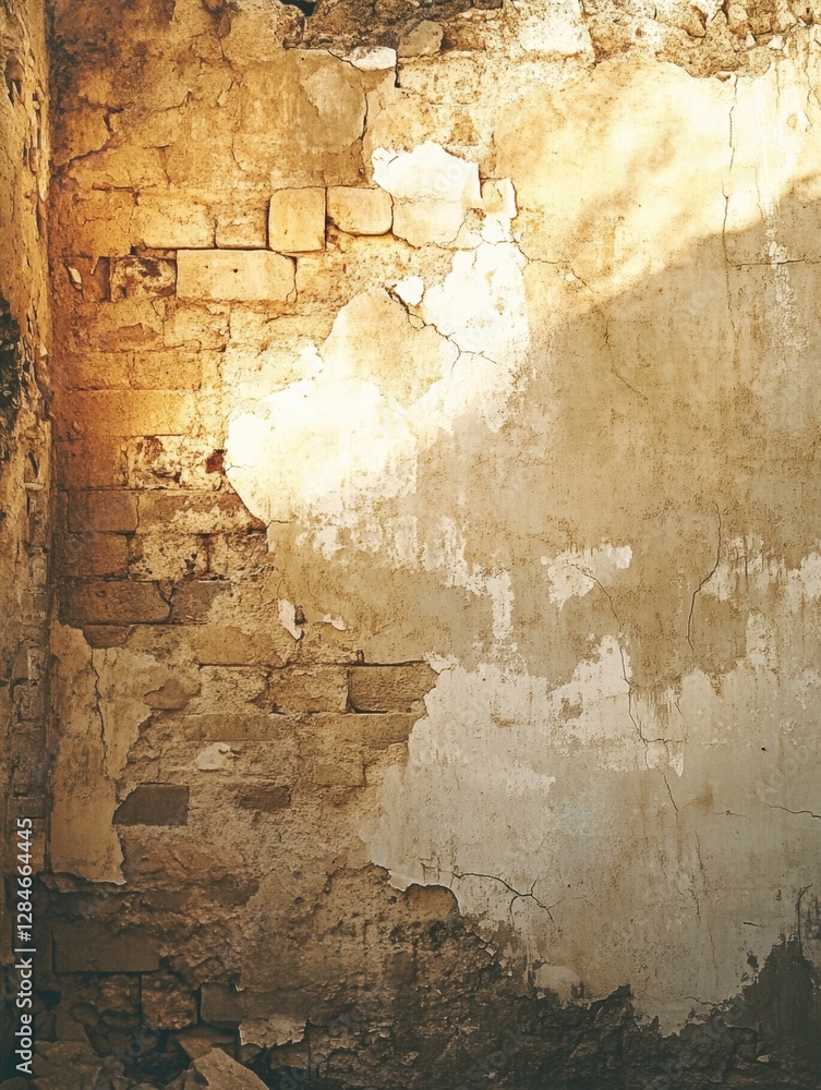 Poster ruined building with cracked walls and space for text in an abandoned structure under soft sunlight.