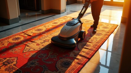 Carpet Cleaning Machine, Bird's-eye view of a carpet cleaning machine on a Persian rug in a hotel lobby under sunset lighting photorealistic HDR.