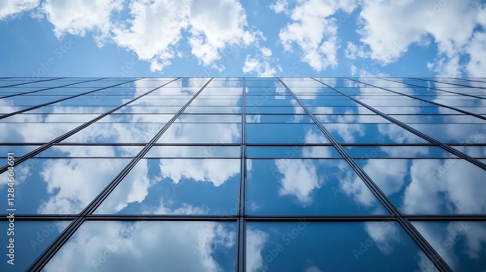 Aufkleber Modern glass building reflecting the dynamic cloud patterns and blue sky during a sunny day : Generative AI