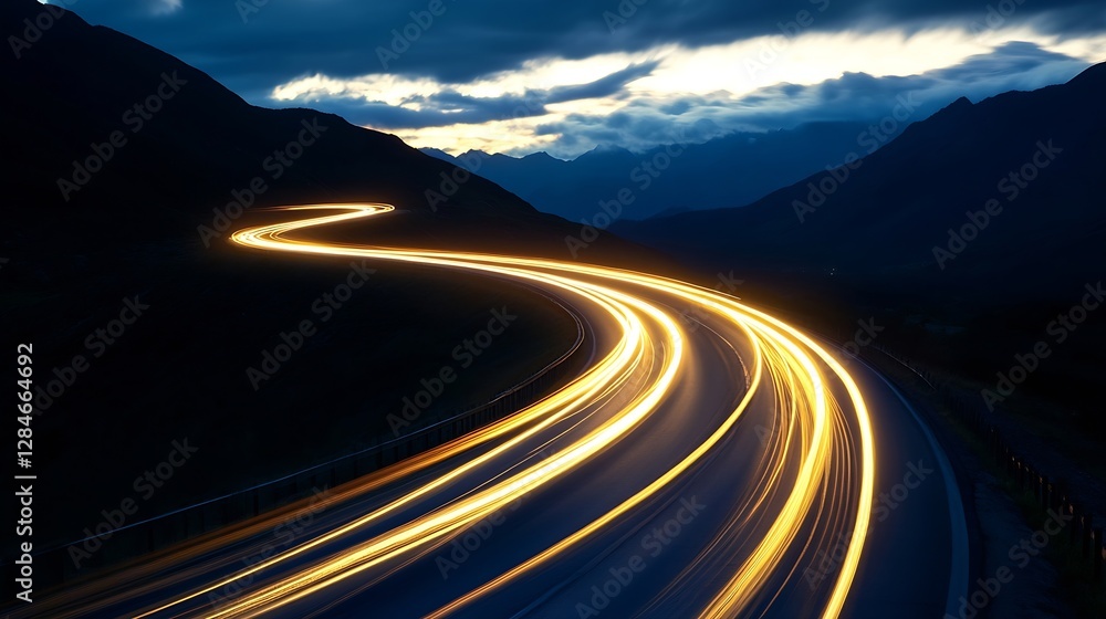 Aufkleber dynamic light trails on a winding road during twilight showcasing motion and speed through mountains