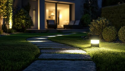 Fototapeta premium Illuminated Pathway: Nighttime Garden Scene