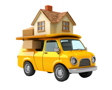 Isolated Yellow Moving Van with House and Boxes on Top