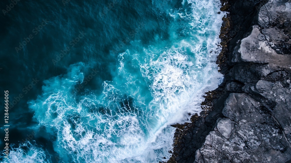 Aufkleber aerial view of dynamic ocean waves crashing against rocky shore under bright sunlight : generative a