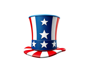 Patriotic American Flag Top Hat Design with Red and White Stripes, Blue Band with White Stars isolated on white and transparent background
