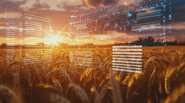 Smart Agriculture: Digital data overlays a field of golden wheat at sunset, symbolizing the integration of technology in modern farming.