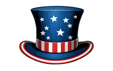 Patriotic American Flag Top Hat Design with Red and White Stripes, Blue Band with White Stars isolated on white and transparent background