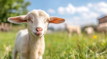 Fototapeta premium Happy young goat standing on a green field with bright sunlight and blue sky in the background : Generative AI